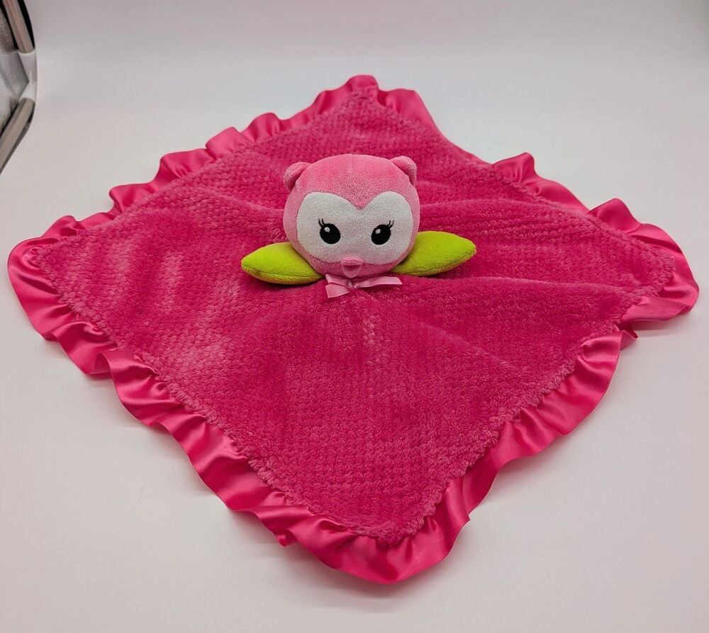 OKIE DOKIE Pink Owl Baby Lovey Satin Back & Ruffle Rattle Security Blanket